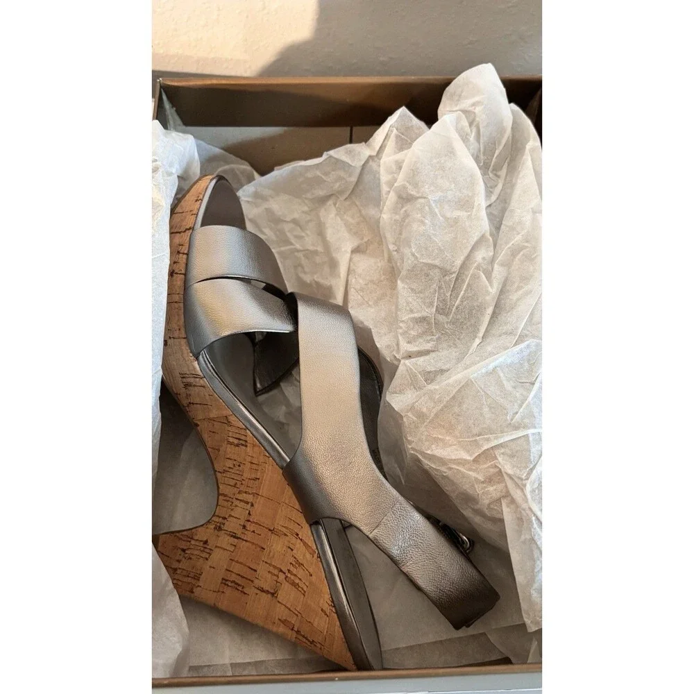 Franco Sarto Women's L-Talka-Accaio Silver ‎ Cork Heel Sandals Size 8M NW BOX